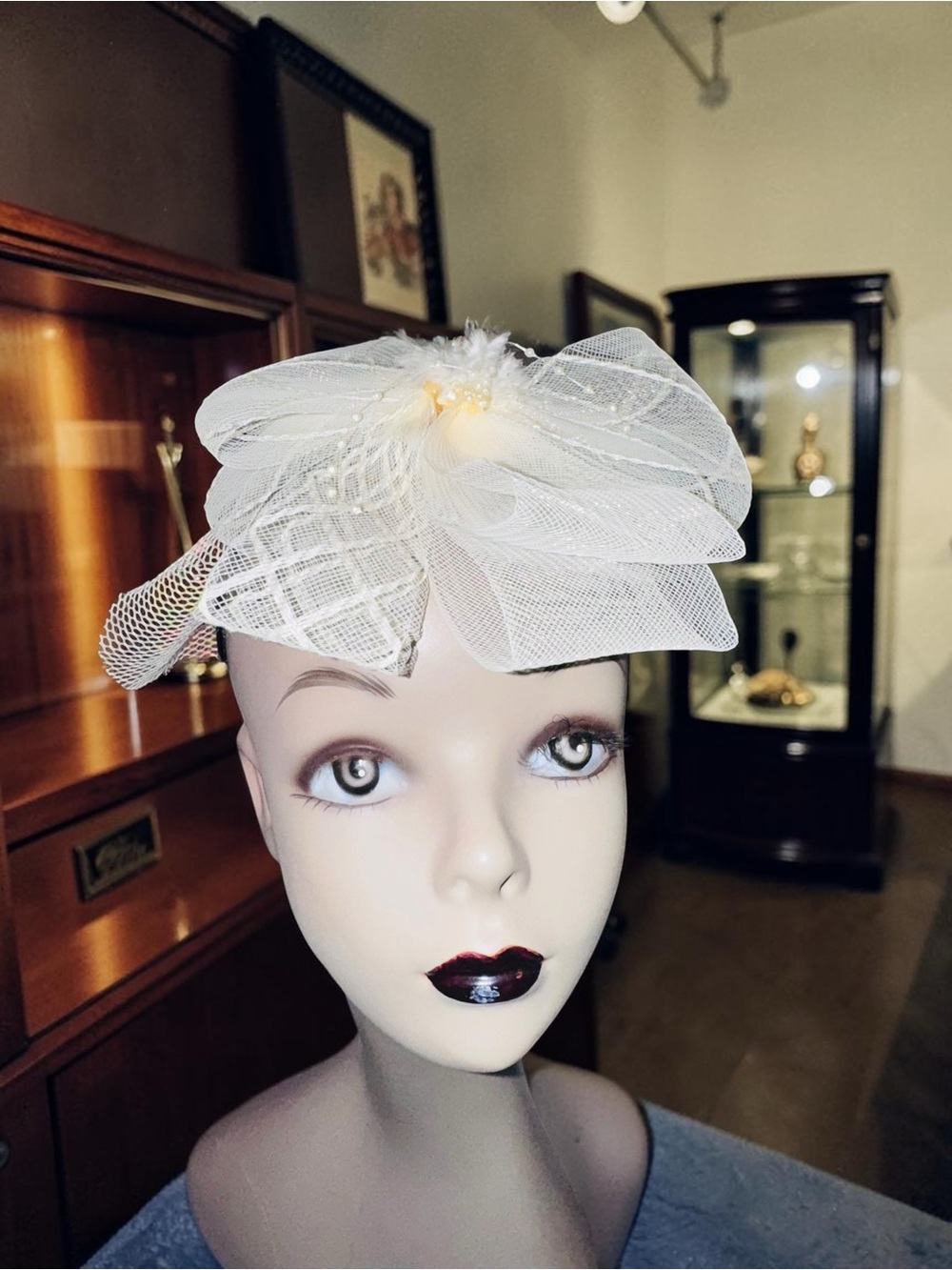 Vintage Off White Sinamay Facinator Headband Wedding Hat Veil